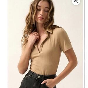 Promise the Label Rib-Knit Polo Bodysuit Woman’s Size S Taupe Brown Shirt Top